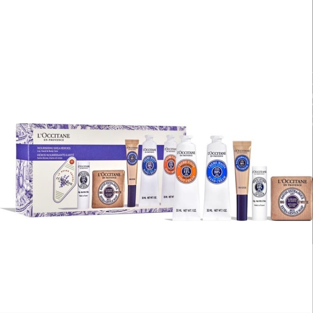 L'Occitane nourishing shea Heroes lip, hand and body care set limited edition